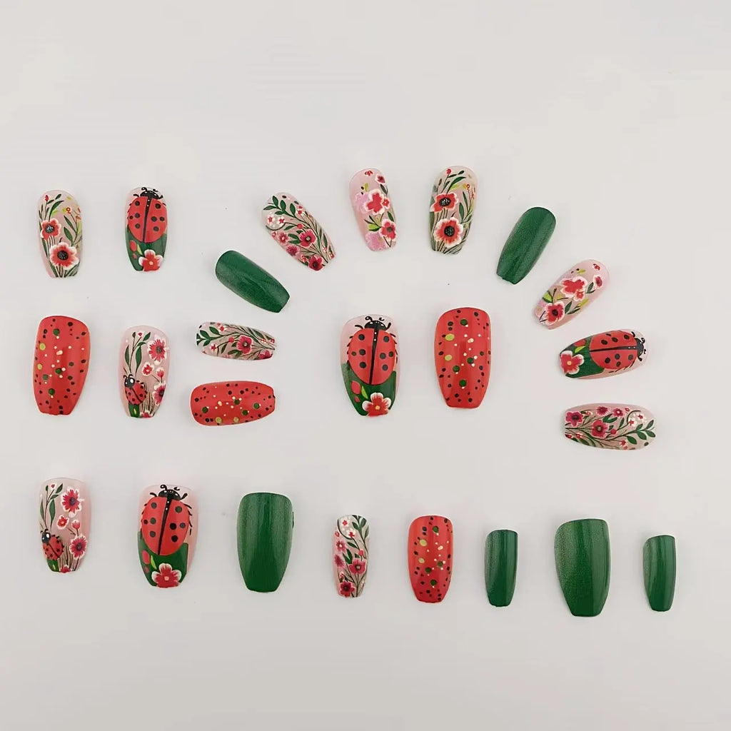 24pcs of Green Spring/Summer Style Wearable Nails, Small Fresh Flower Red False Nail Stickers, Seven-Star Ladybug Sweet Girl Ins Style Finger Nails