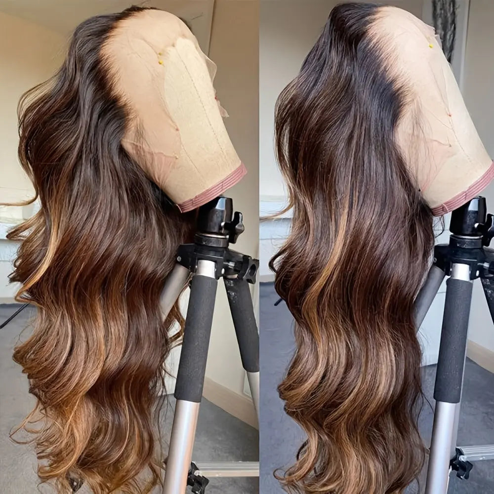 Auburn Brown Highlight Lace Front Wig 13*4 Inch Body Wave Synthetic Lace Front Wigs for Women Long Wavy Glueless Wigs for Daily Party Use