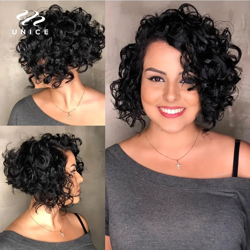 [Short Bouncy Pixie Cut Wig] Unice Hair Short Loose Curly Wigs Brazilian Hair Bouncy Waves Pixie Cut Wig Fluffy Curls Bob Wig For Women Human Hair Wigs