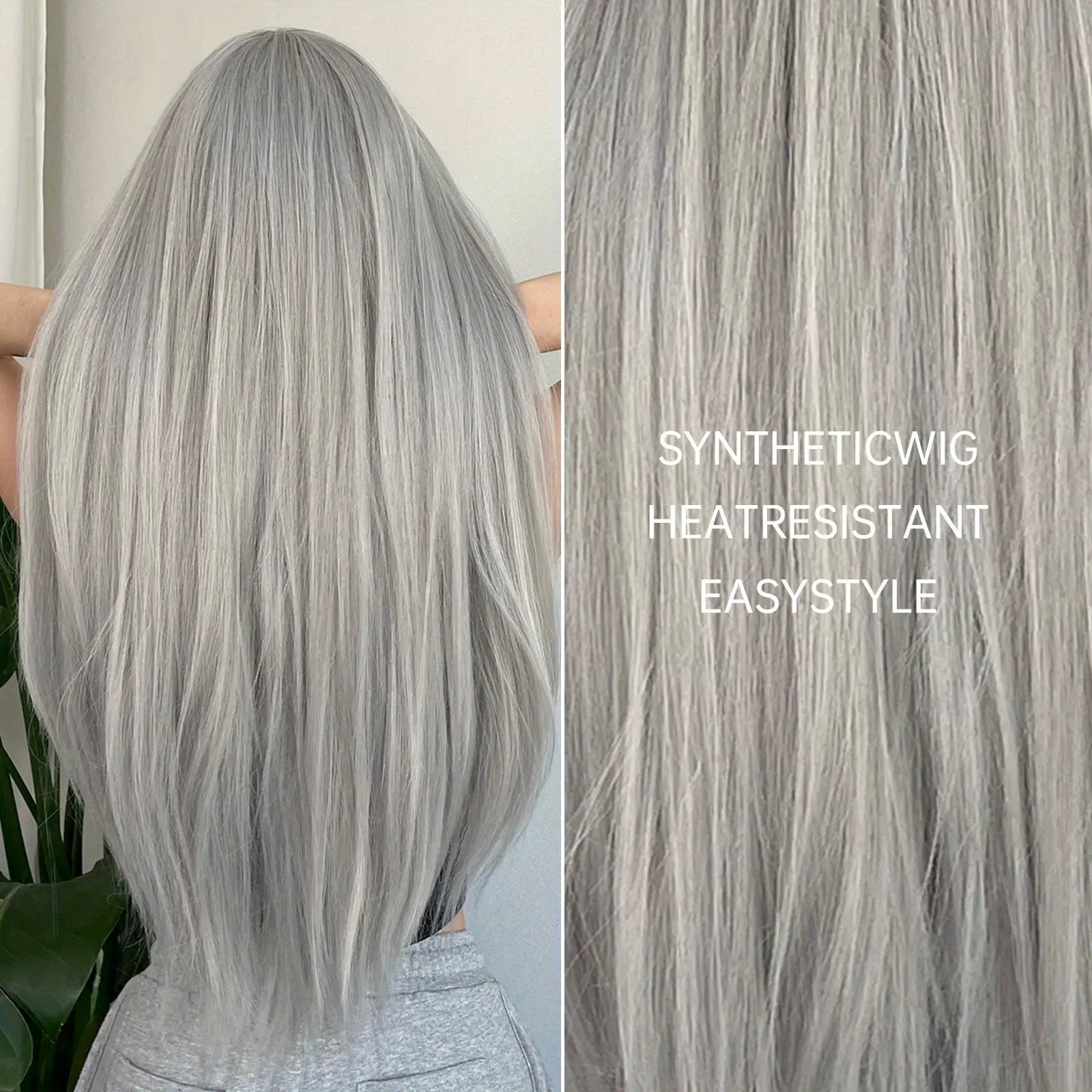 Silvery Grey 26 Inch Long Straight Hair Wigs With Bangs Heat Resistant Synthetic Hair Wigs For Women Girls For Cosplay Party Daily Taking Photos Use Music Festival