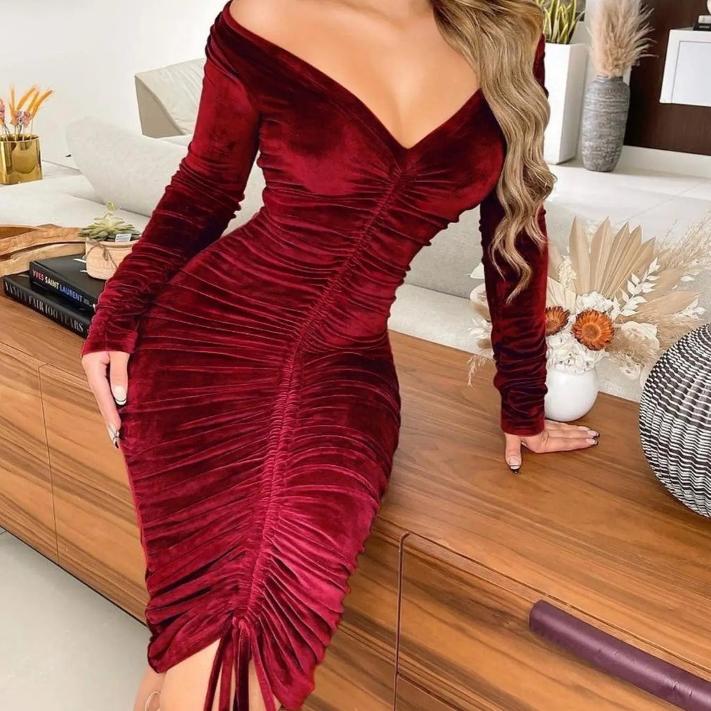 Women's Dresses V Neck Off The Shoulder Velvet Ruched Mid-length Dresses Avivanastore