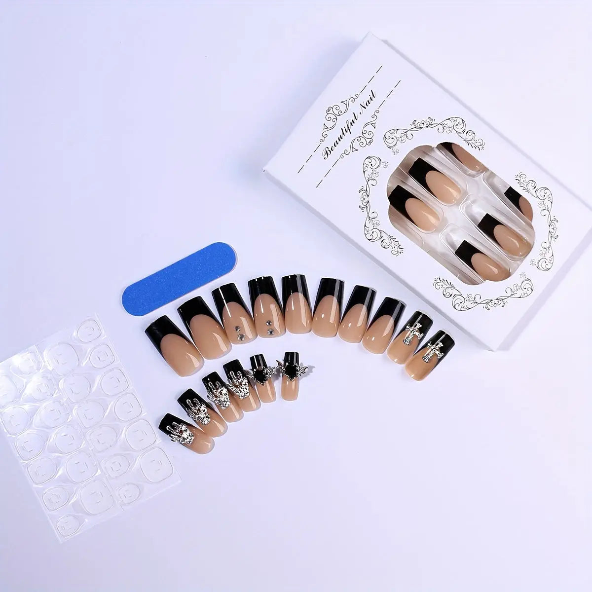 24 Pieces Of Long Square Dark Skull Sweetheart Bat Dark Knight Cool Girl Milk Bone Dark Finger Nails With 1 Piece Of Jelly Glue And 1 Piece Of File