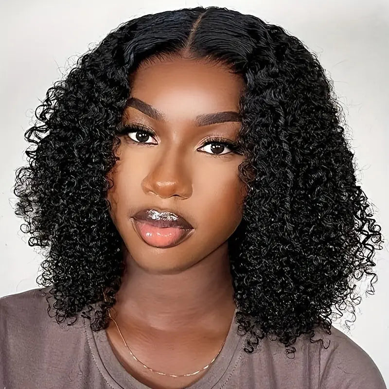 Kinky Curly Glueless Bob Wig Human Hair Pre Plucked Pre Cut Put On And Go Glueless Bob Wigs for Women 4x4 HD Transparent Lace 180% Density
