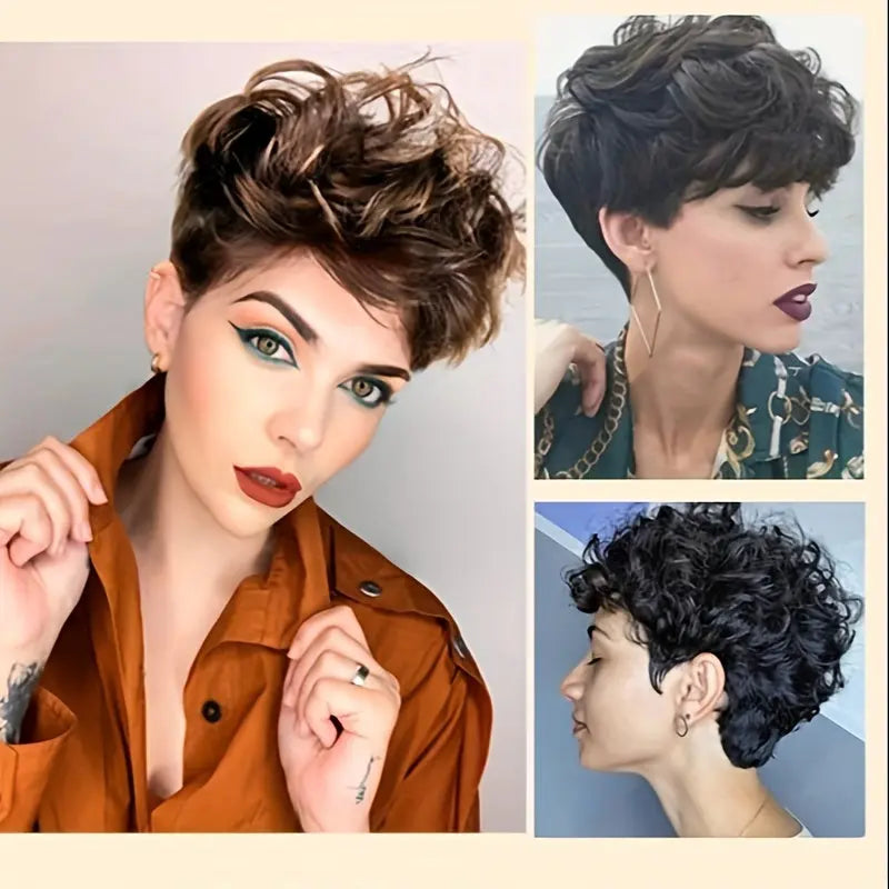 Short Curly Pixie Cut Wigs for with Bangs - Heat Resistant Synthetic Hair, 180% Density Curly Wave, Rose Net Cap, Natural Look Daily Wear & Special Occasions, Short Hair Wig