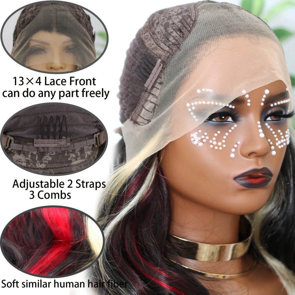 13*4 Lace front wig Skunk Stripe Wigs Black Red Blonde Highlights Wig Body Wavy Lace Front Glueless Curly Wig Black Blonde Burgundy Synthetic Lace Front Wigs for Women