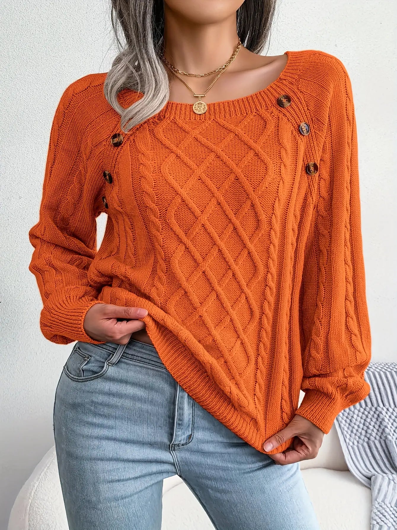 Texture Button Lantern Sleeve Sweater - Women's Round Neck Sweater Avivanastore