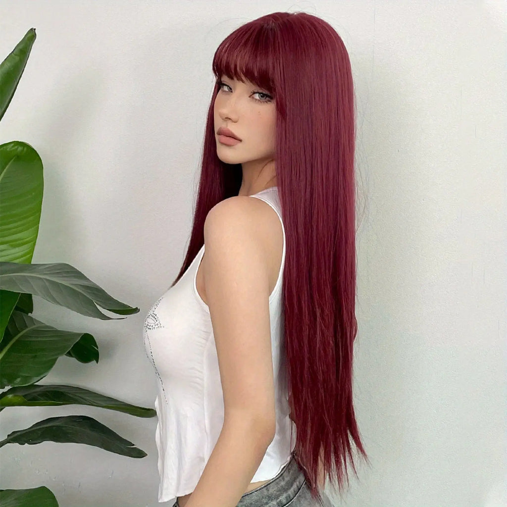 Silvery Grey 26 Inch Long Straight Hair Wigs With Bangs Heat Resistant Synthetic Hair Wigs For Women Girls For Cosplay Party Daily Taking Photos Use Music Festival