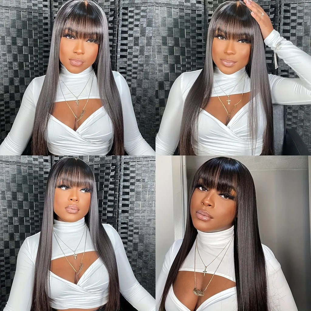 Straight Human Hair Wigs With Bangs None Lace Front Wigs Human Hair Straight Wigs 150% Density Put On And Go Wigs Brazilian Virgin Human Hair Wigs For Women Natural Color