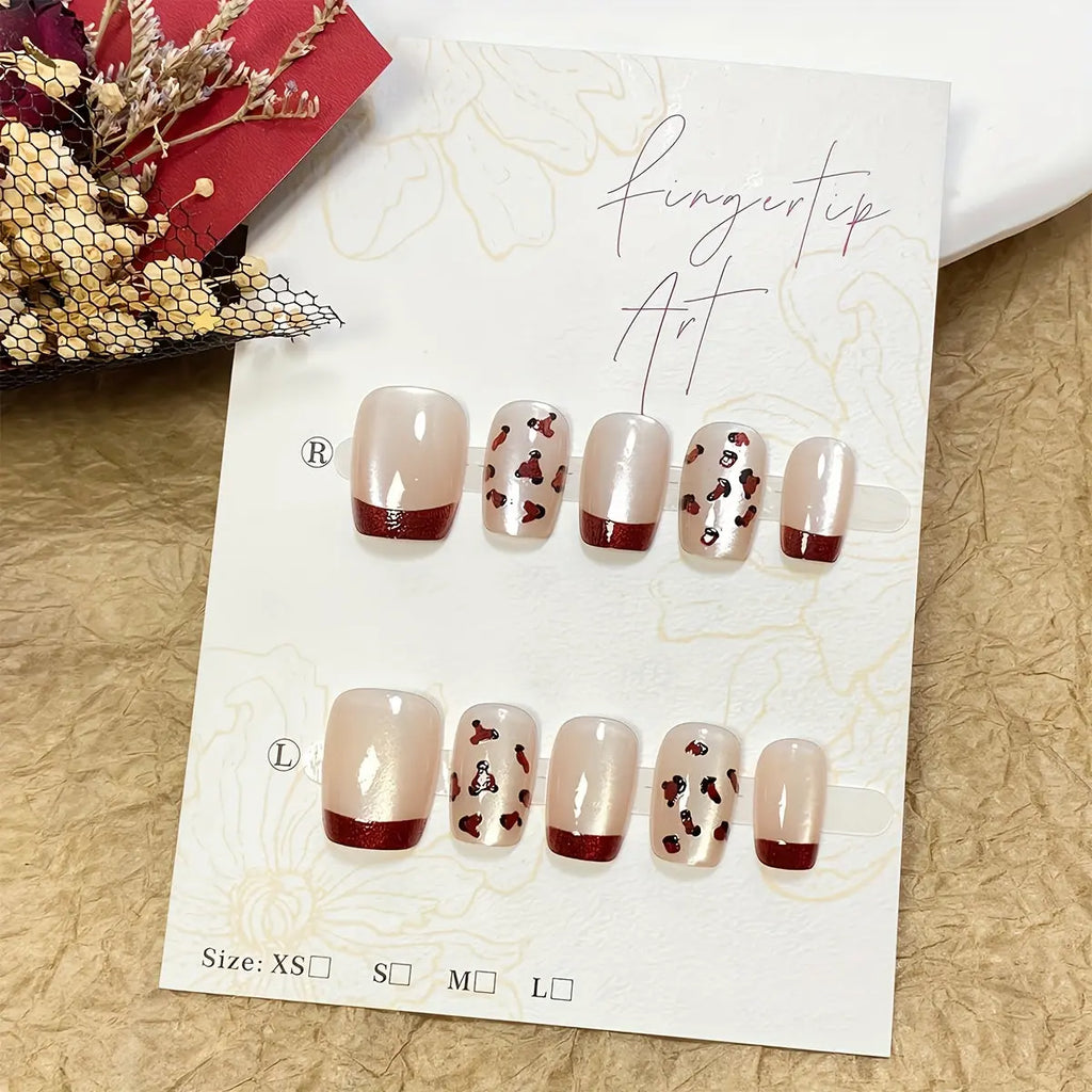 10pcs Handmade Removable Short Ballet Nail Set - Pink Cat Eye Red French Leopard Gradient Glitter, Full Coverage Finger Nails for Parties, Balls, Everyday Wear, Nail Accessories, Ball Nails, Festive Nail Art, Glossy Finish