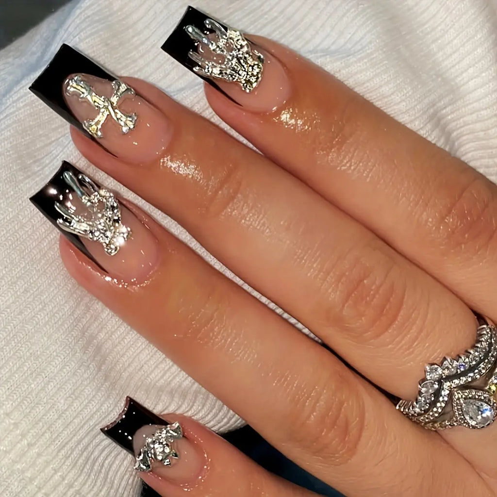 24 Pieces Of Long Square Dark Skull Sweetheart Bat Dark Knight Cool Girl Milk Bone Dark Finger Nails With 1 Piece Of Jelly Glue And 1 Piece Of File