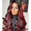 99J Lace Front Wig Synthetic Hair Loose Curly Wave Glueless Wigs for Women Dark Burgundy with Black Roots Body Wave Pre Plucked with Baby Hair