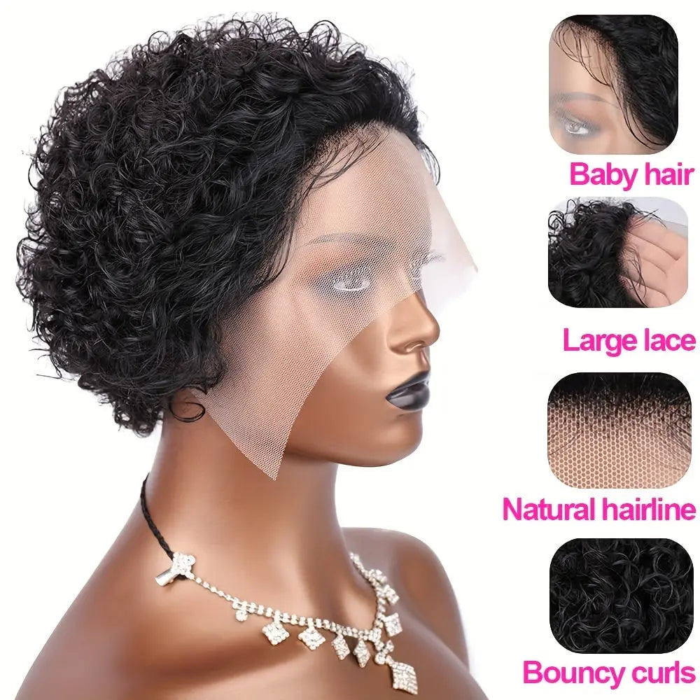 13x1 Lace 130% Density Pre Plucked Short Curly Human Hair Wigs Pixie Cut Bob Glueless Wigs Front For Black Women With Baby Hair