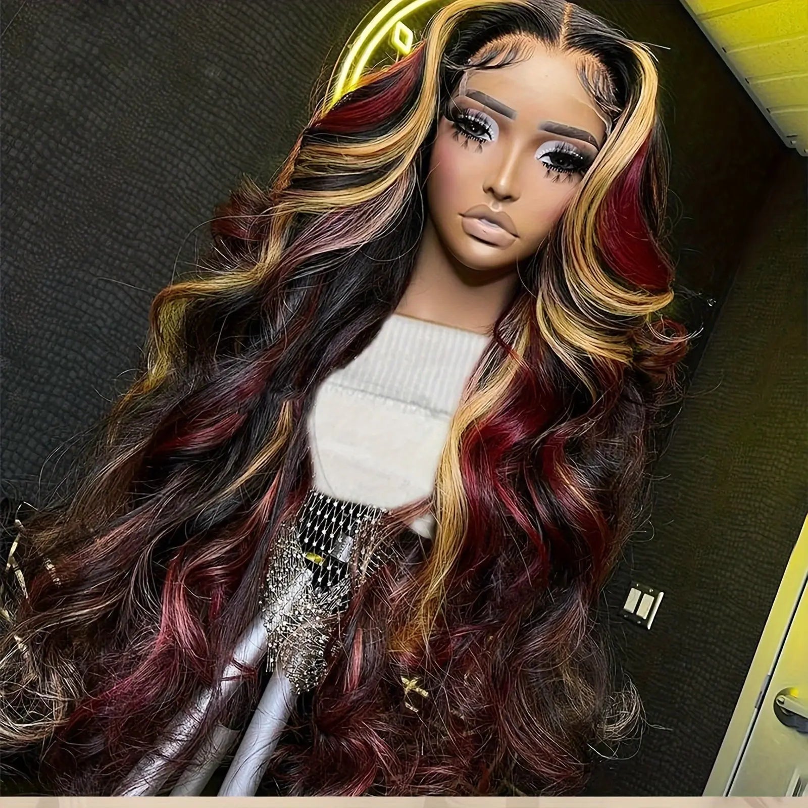 13*4 Lace front wig Skunk Stripe Wigs Black Red Blonde Highlights Wig Body Wavy Lace Front Glueless Curly Wig Black Blonde Burgundy Synthetic Lace Front Wigs for Women