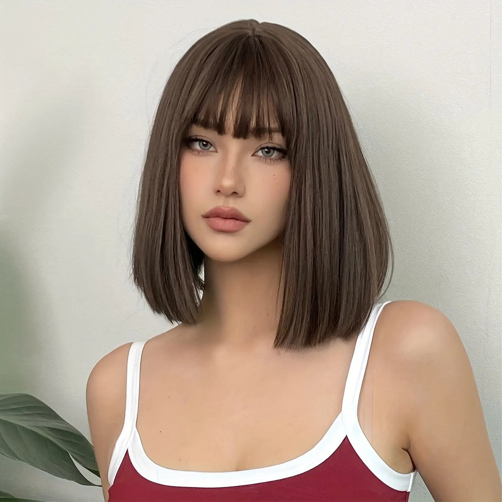 Brown 14 Inch Bob Short Straight Hair Wigs With Bangs Cute Synthetic Fiber Women's Wigs For Daily Halloween Party Cosplay Use Music Festival