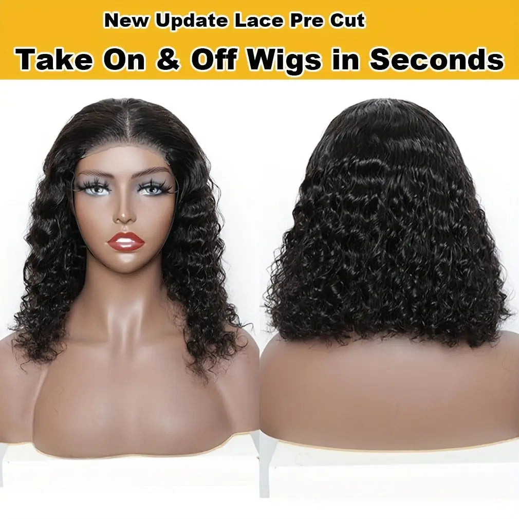 Put On and Go Glueless Bob Wig Short Curly Bob Wigs Lace Front Wigs Human Hair Lace Pre Cut Hairline Pre Plucked No Glue Lace Wig Natural Black Throw On & Go Wig