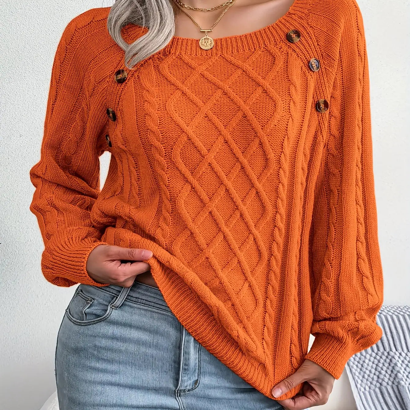Texture Button Lantern Sleeve Sweater - Women's Round Neck Sweater Avivanastore