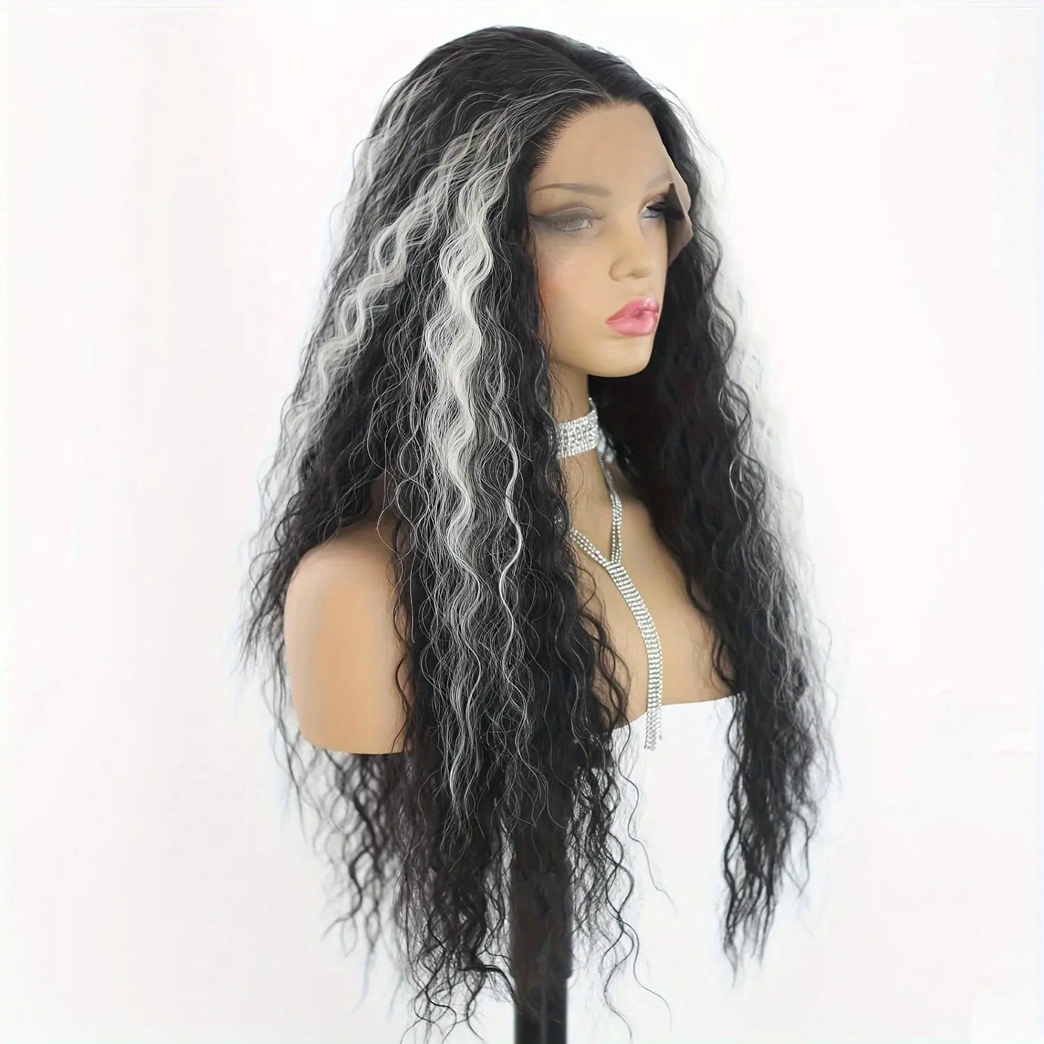 13*4 Lace Front Wigs White Highlights Lace Front Wig Long Deep Curly Wig Glueless Synthetic Heat Resistant Fiber Colored Lace Wig With Baby Hair Black and Grey Highlight Colorful Loose Curly Wigs for Women 26 Inch