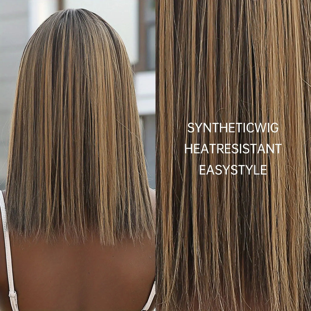 16 Inches Long Straight Brown Wigs with Brown Highlight Synthetic Wigs Women'S Wigs for Daily Use Party or Cosplay Taking Photos LC2078-1