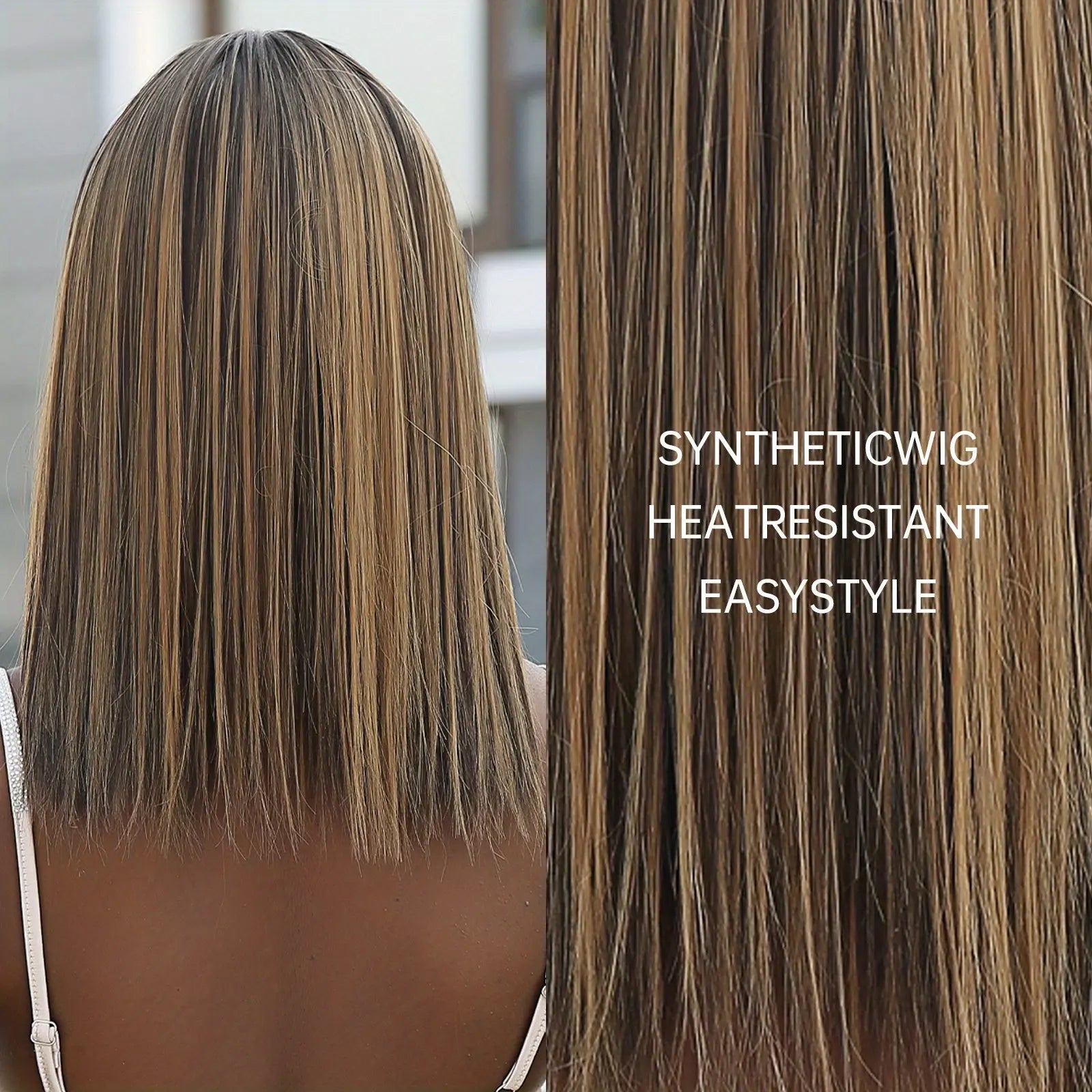 16 Inches Long Straight Brown Wigs with Brown Highlight Synthetic Wigs Women'S Wigs for Daily Use Party or Cosplay Taking Photos LC2078-1