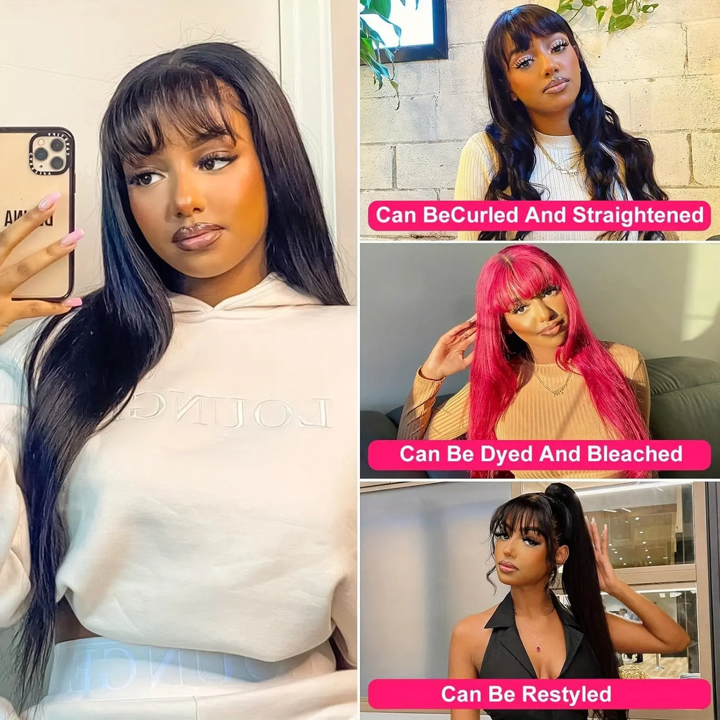 Straight Human Hair Wigs With Bangs None Lace Front Wigs Human Hair Straight Wigs 150% Density Put On And Go Wigs Brazilian Virgin Human Hair Wigs For Women Natural Color