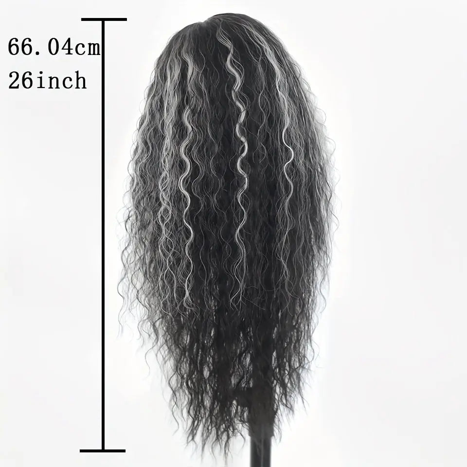 13*4 Lace Front Wigs White Highlights Lace Front Wig Long Deep Curly Wig Glueless Synthetic Heat Resistant Fiber Colored Lace Wig With Baby Hair Black and Grey Highlight Colorful Loose Curly Wigs for Women 26 Inch