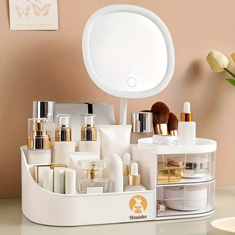 1 Cosmetic Storage Box with Mirror, Two Transparent Drawers, 5 Compartments, Equipped with LED Three-color Light Mirror, Very Suitable for Storing Lipsticks, Perfumes, Foundation Brushes, Face Masks, Multi-functional Dressing Avivanastore