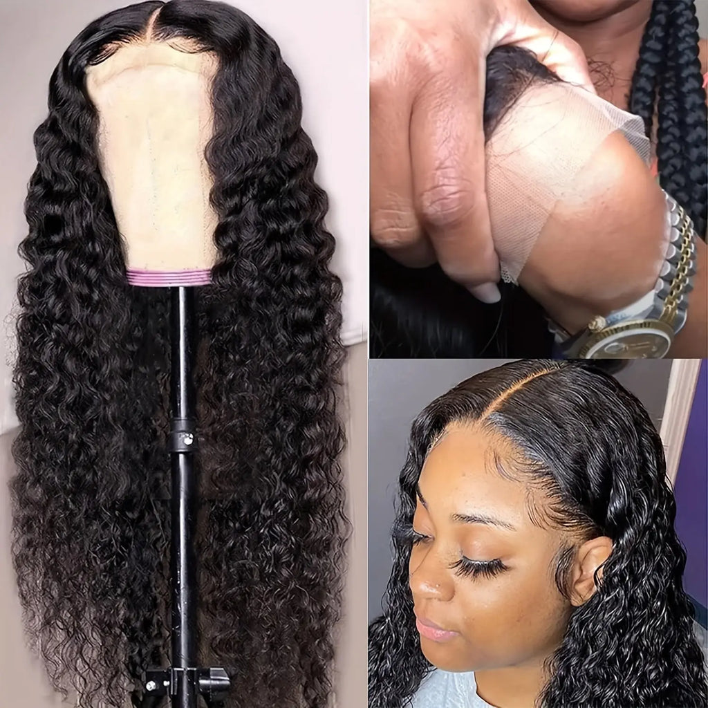 Put On And Go 13x6 Water Wave Wig - Glueless Human Hair Wig with 200% Density, Pre-Plucked & Pre-Cut HD Lace Frontal, Deep Curly Wigs for Women, Easy to Wear for Beginners, Natural Look for Black Individuals, Wig Accessories