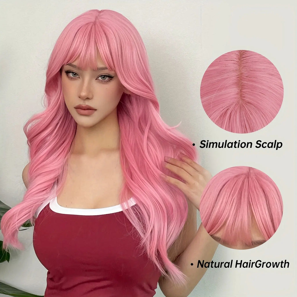 [Pink Hair Wigs] Pink 24 Inch Synthetic Fiber Hair Wigs With Bangs | Long Body Wave Hair Wigs For Women Girls | For Daily Party Cosplay Use Music Festival