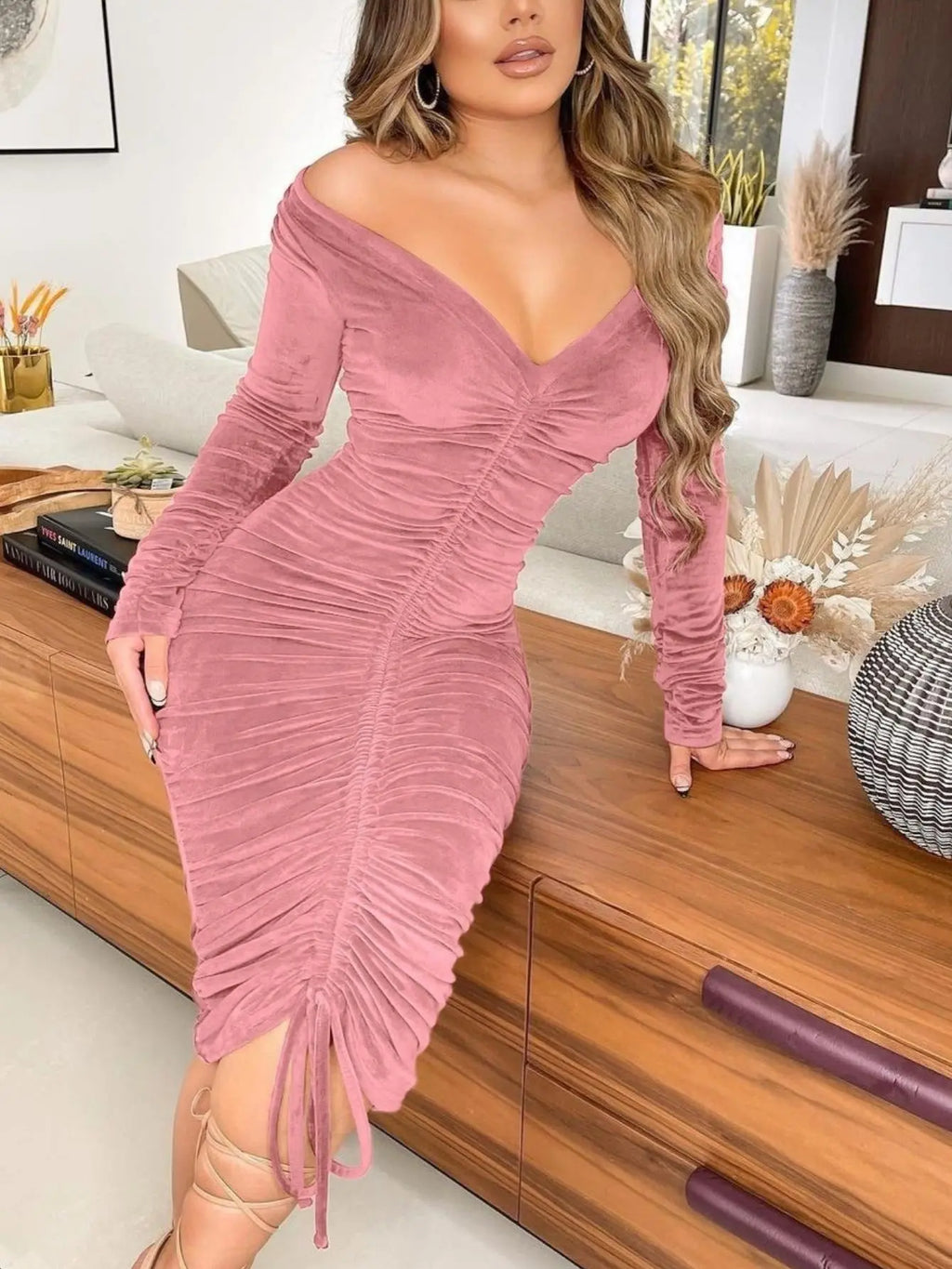 Women's Dresses V Neck Off The Shoulder Velvet Ruched Mid-length Dresses Avivanastore