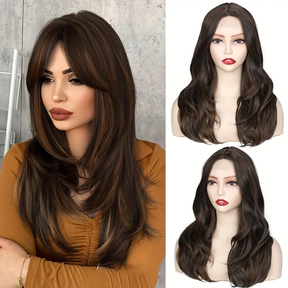 Long Wavy Wig With Highlights Synthetic Hair Layered Lace Wigs Heat Resistant Fiber Black Wigs For Women Cosplay Wig Daily Use