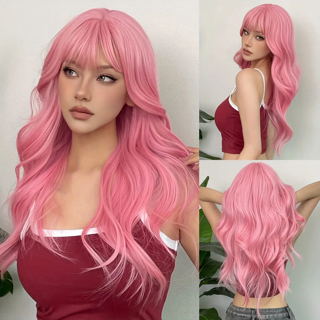 [Pink Hair Wigs] Pink 24 Inch Synthetic Fiber Hair Wigs With Bangs | Long Body Wave Hair Wigs For Women Girls | For Daily Party Cosplay Use Music Festival