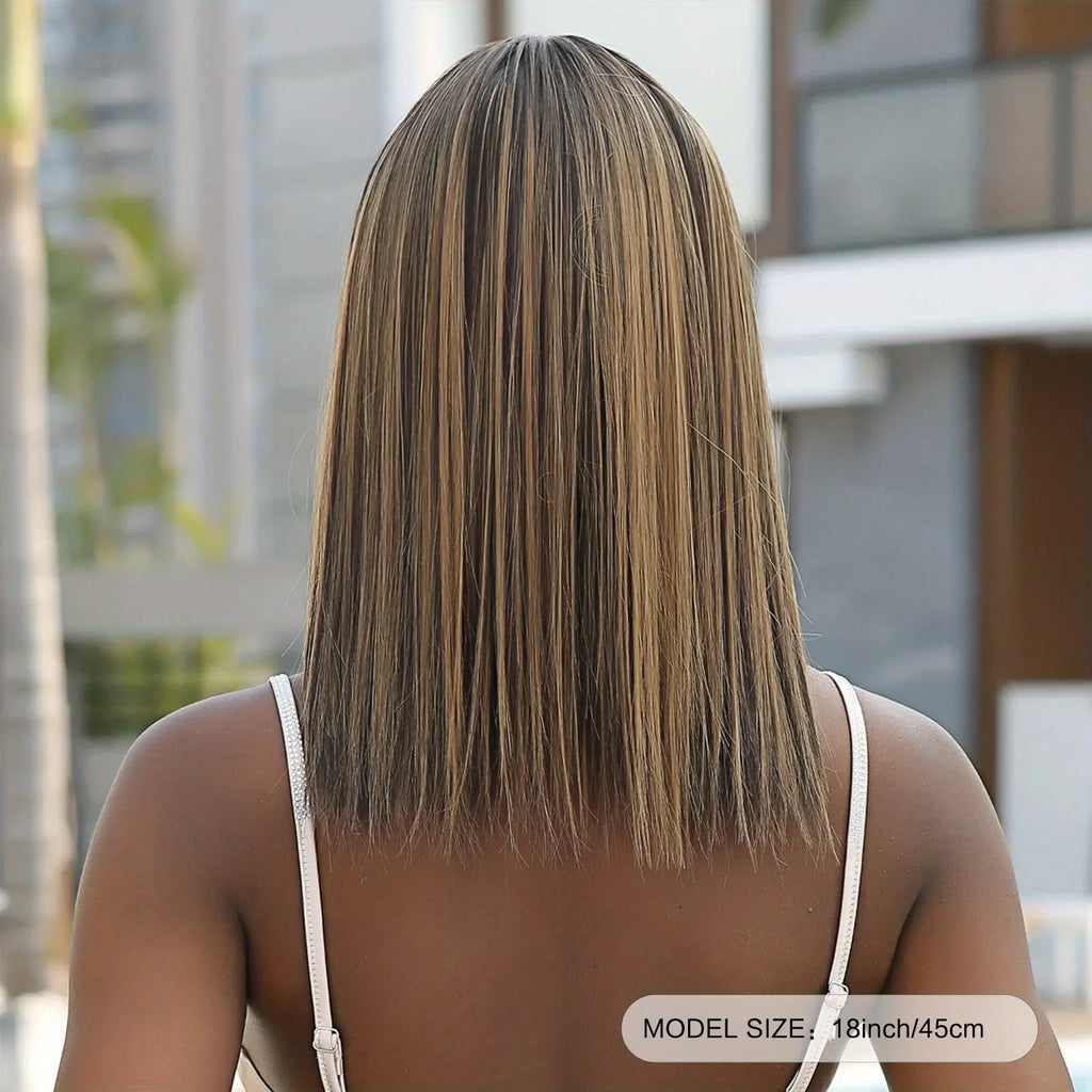 16 Inches Long Straight Brown Wigs with Brown Highlight Synthetic Wigs Women'S Wigs for Daily Use Party or Cosplay Taking Photos LC2078-1