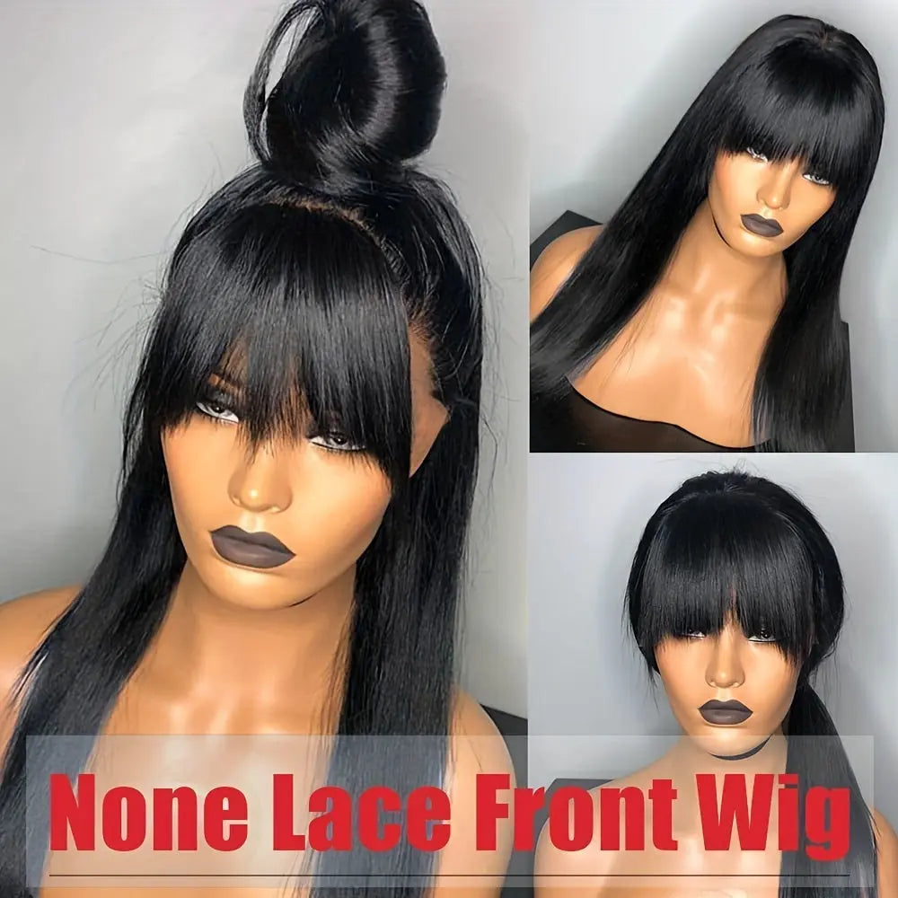 Straight Human Hair Wigs With Bangs None Lace Front Wigs Human Hair Straight Wigs 150% Density Put On And Go Wigs Brazilian Virgin Human Hair Wigs For Women Natural Color