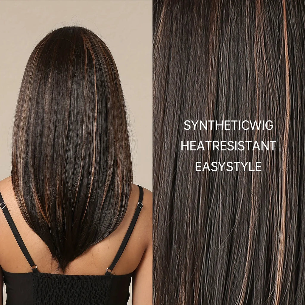 16 Inches Long Straight Brown Wigs with Brown Highlight Synthetic Wigs Women'S Wigs for Daily Use Party or Cosplay Taking Photos LC2078-1